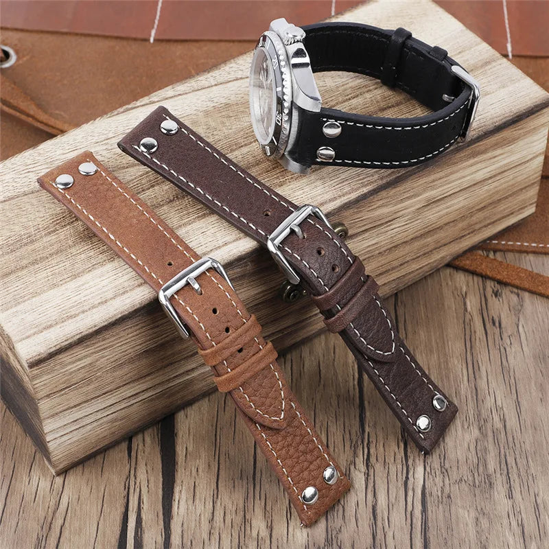 18 19 20 21 22 24mm Handmade Stitching Leather Wristbands Quick Release Top Grain Genuine Leather Watch Straps Bands
