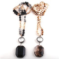 Women Ethnic  Jewelry Knotted Pic jasper Lava Natural Stone Crystal Glass Necklace Rectangle Stone Solder Pendant Necklace