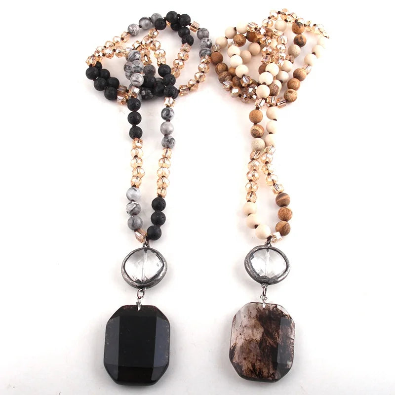 Women Ethnic  Jewelry Knotted Pic jasper Lava Natural Stone Crystal Glass Necklace Rectangle Stone Solder Pendant Necklace