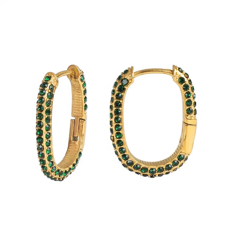 Fashion 18K Gold Plated Stainless Steel Green CZ Paved U Shaped Hoop Huggie Earrings for Women