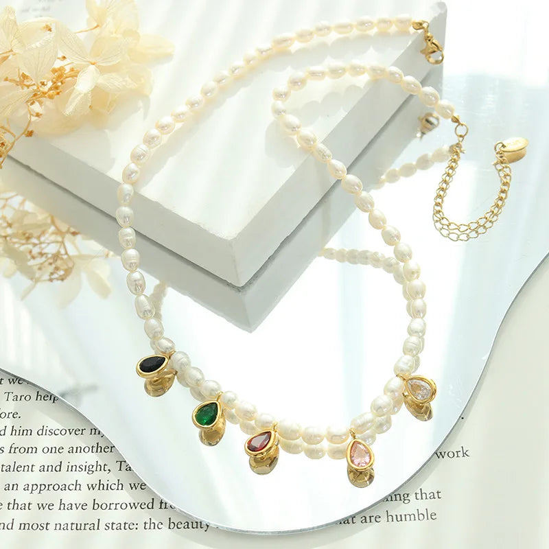 Natura Freshwater Pearl Colorful Crystal Water Drop Pendant Necklace for Women Party Delicate Gifts Original Handmade Jewelry