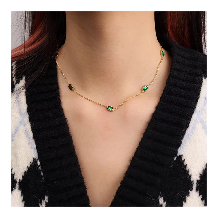 Chris April 316l Stainless Steel PVD Plated Minimalist Emerald Zircon Chain Choker Necklace
