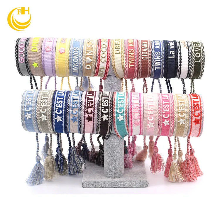 Bohemian Handmade Custom Woven Wrap Bracelet with Embroidery Words and Love Knitted Letters Crystal Rhinestone Eco-friendly