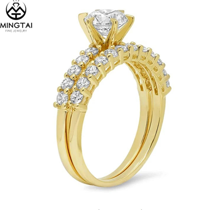 Fashion 14k Yellow Gold Round Cut Moissanite Prong Setting Engagement Luxury Designer Wedding Rings for Women
