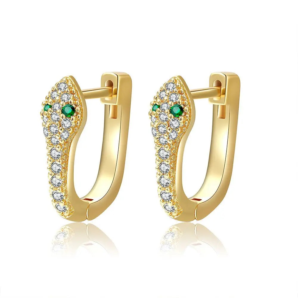 Fashion Gold Plated Brass Cubic Zirconia Animal Snake Huggie Hoop Earrings for Women Jewelry