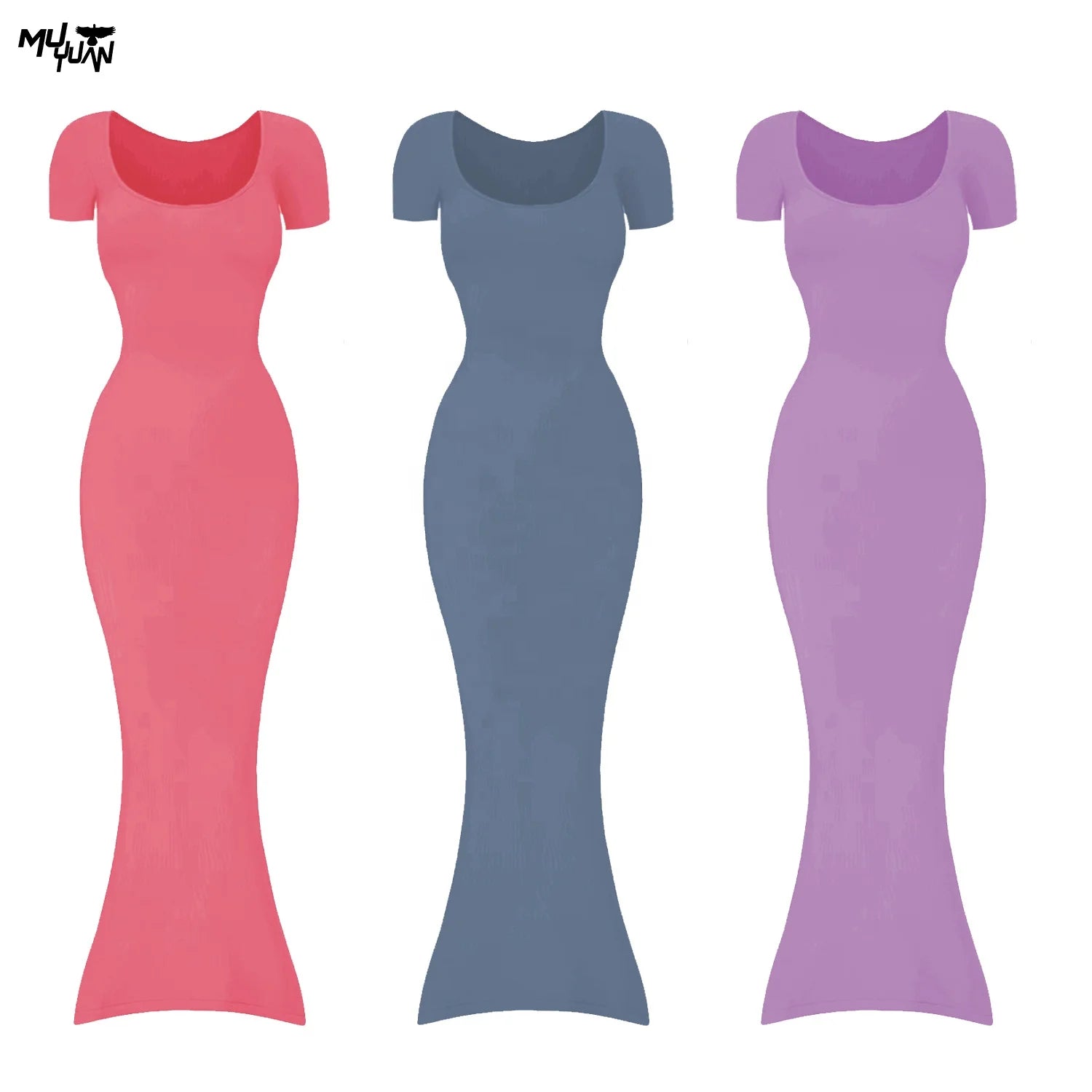 Custom Logo Short Sleeve Dupes Hot pink Dress Bodycon Lounge Women Maxi Dress Basic Short Sleeve Spandex Rib Soft Lounge Dresses