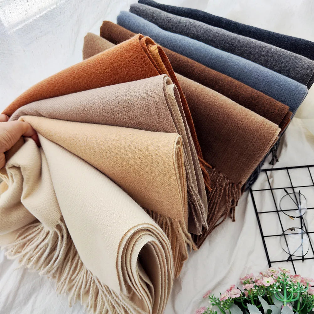 Thick Winter Cashmere Feeling Scarf Two Side with Different Color Warm Women Pashmina Shawl 320g