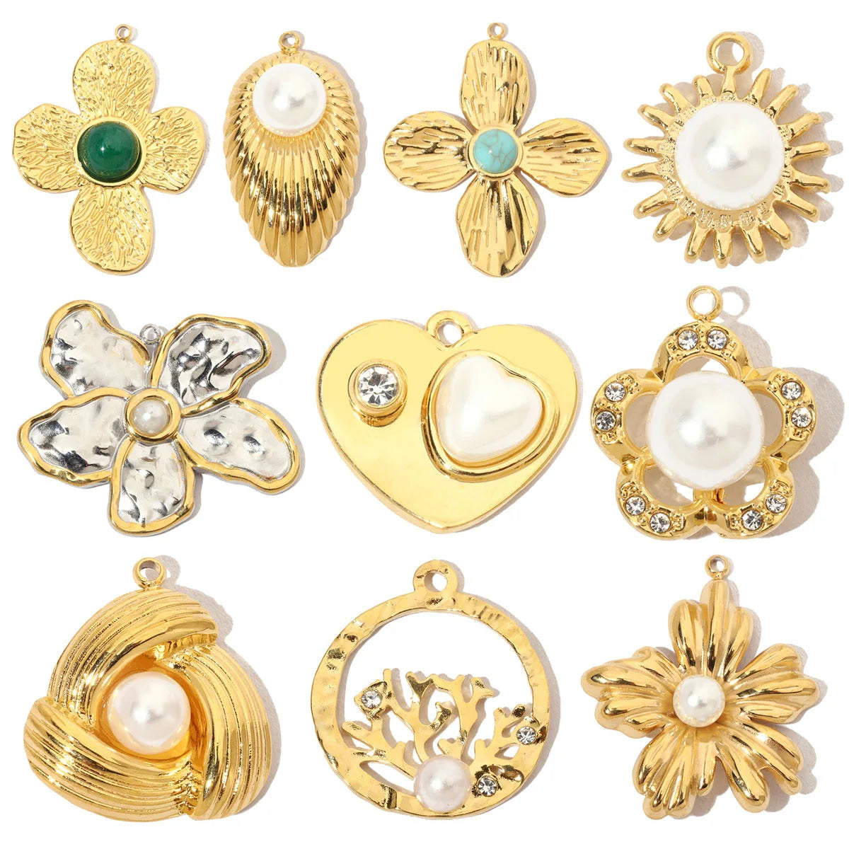 Factory Wholesale Flower Heart Pearl Coral Stainless Steel Ornament Four Leaf Clover Charms for Jewelry Making Pendant