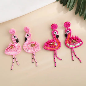 Creative Pink Flamingo Fabric Seed Bead Earrings Personalized Handmade Knitted Felt Long Dangle Earrings Wholesale