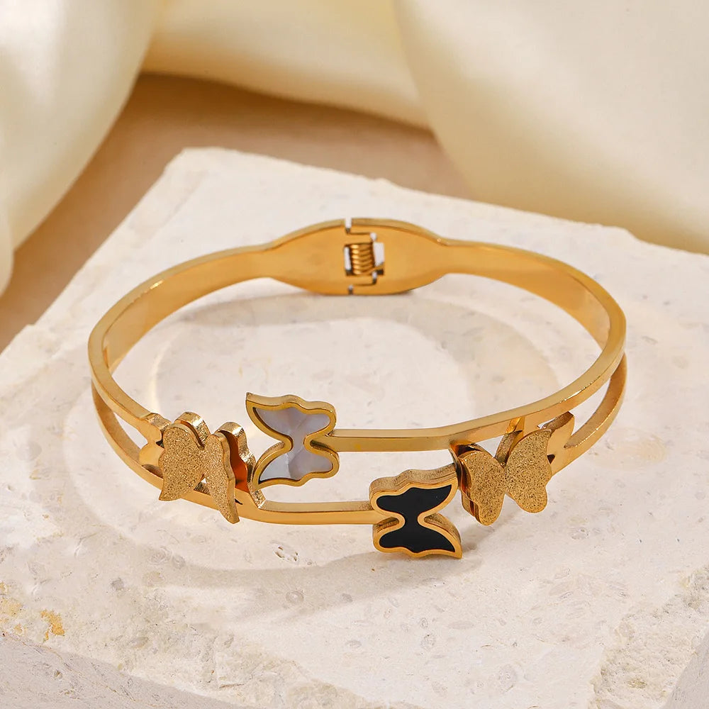 Fashion Gold Plated Stainless Steel Cuff Bracelet Exquisite Tarnish Free Opening Butterfly Bracelets & Bangles for Women Girls
