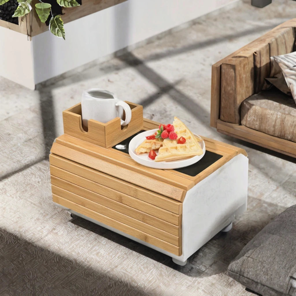 Customizable High-End Modern Double-Tier Lacquer Finish Sofa Armrest Tray Mug Holder Non-Slip Bamboo Multifunctional Storage