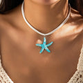 Bohemian Summer Ocean Style Layered White Leather Rope Exaggerated Big White Blue Starfish Necklace