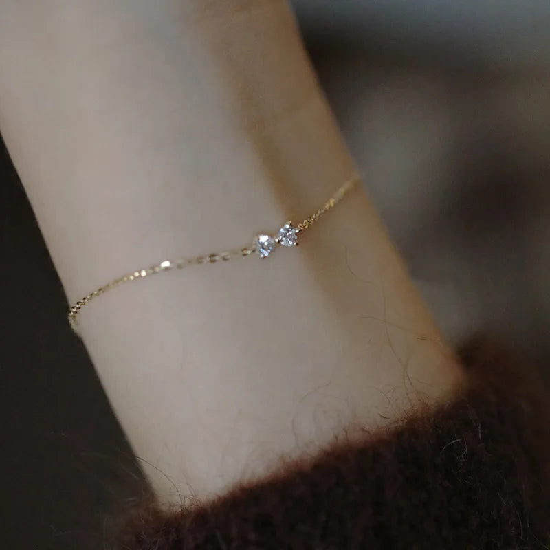 Sweet Fashion 14K Gold Plating Pure 925 Sterling Silver Bow Tie Heart Zircon Bracelets for Women Girls Jewelry