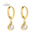 Ason Fashion Jewelry Huggie Earrings 18k Gold Plated Stainless Steel Eardrop Round Pearl Lightweight Hoop Earrings for Women