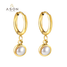 Ason Fashion Jewelry Huggie Earrings 18k Gold Plated Stainless Steel Eardrop Round Pearl Lightweight Hoop Earrings for Women