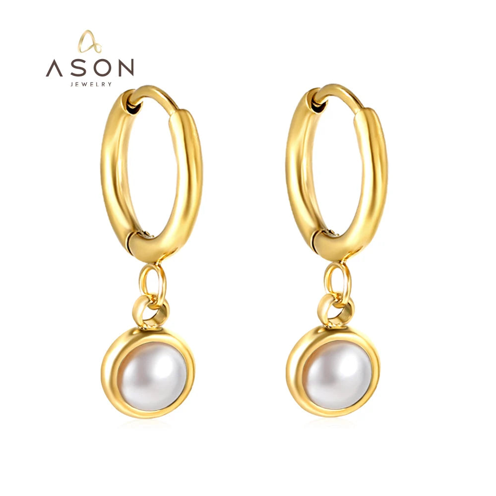 Ason Fashion Jewelry Huggie Earrings 18k Gold Plated Stainless Steel Eardrop Round Pearl Lightweight Hoop Earrings for Women