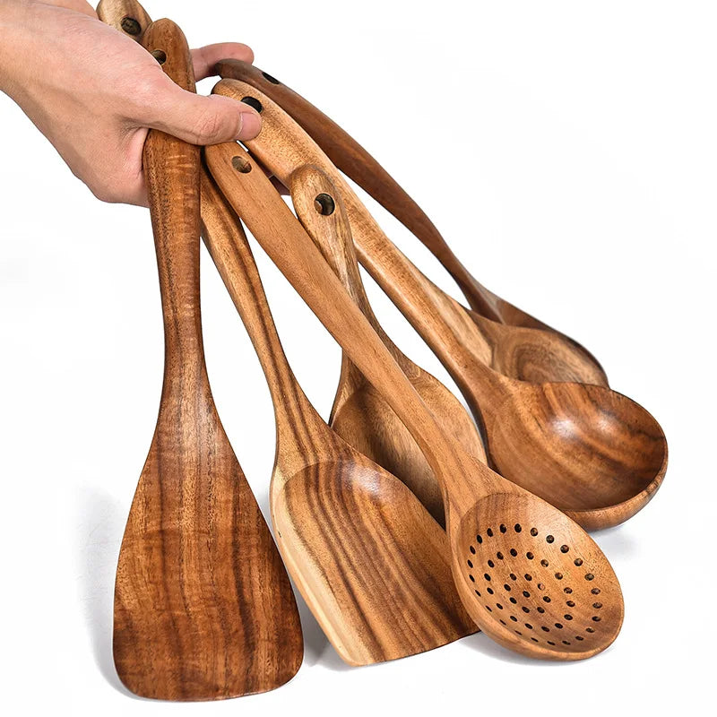 Early Riser Hot Selling Teak Wooden Spatula 7 Pieces Kitchen Utensils Sets Wooden Non-stick Pans Home Cooking Baking Tools