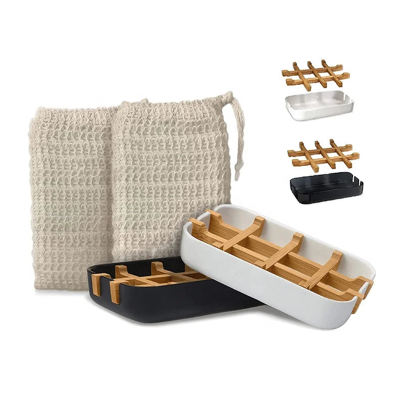 NO PLASTIC Sustainable Modern Luxury Bamboo Fiber Natural Black Soap Dish Holder with Bamboo Drain Tray