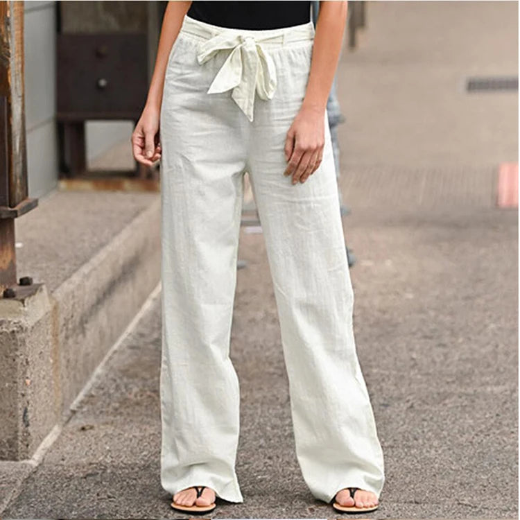 2022 Elastic Waist Solid Color Cotton Linen Wide Leg Pants Women Summer Loose Pants
