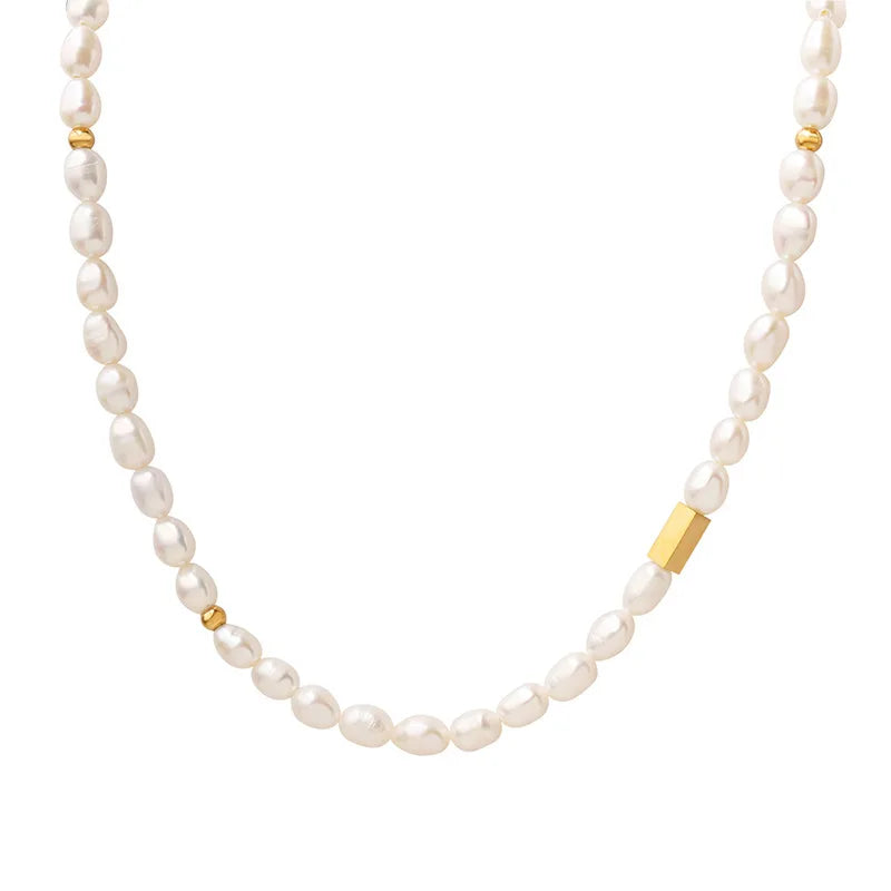 Stainless Steel 18K Gold Irregular Pearl Chain Necklace Titanium Steel PVD Personalized Square Bead Freshwater Pearl Necklace