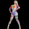 Graffiti Print Spandex Bodysuit Club Wear Stage Performance Gogo Dancer Costumes Festival Clothing Women Sexy Bodycon Jumpsuits