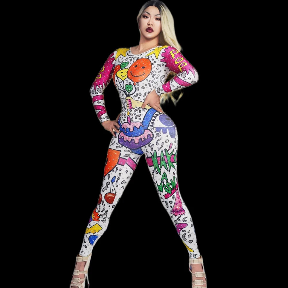 Graffiti Print Spandex Bodysuit Club Wear Stage Performance Gogo Dancer Costumes Festival Clothing Women Sexy Bodycon Jumpsuits