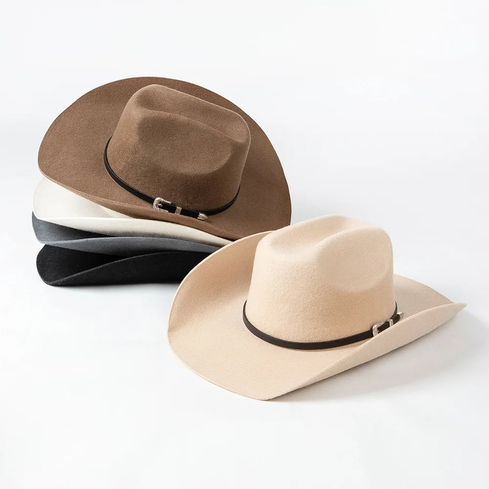 MOTE-MH206 Autumn Winter New Design Fashion Cowboy Hat Belt Decoration Western-style Man's Hat Outdoor Simple Wool Hat