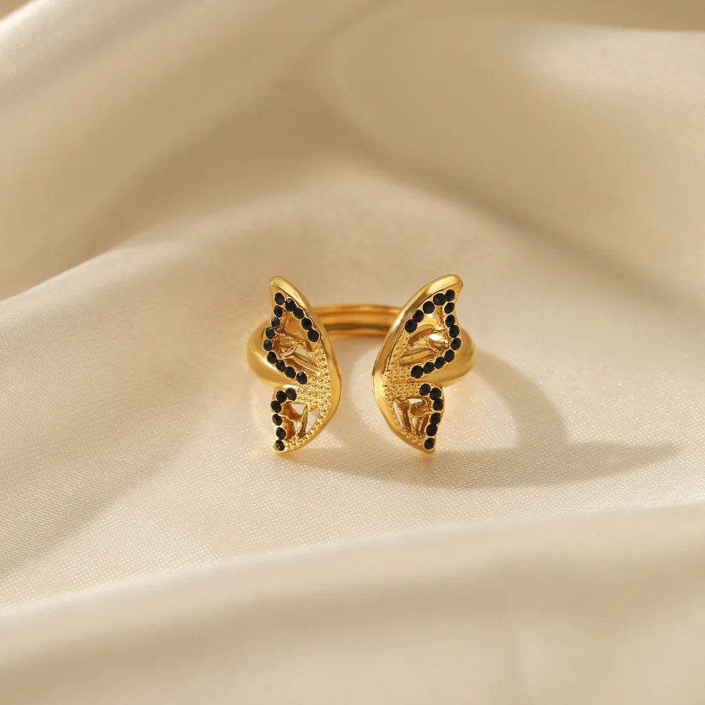European and American Fashion Personality Popular Adjustable Zircon Butterfly Waterproof Stainless Steel Rings Gifts for Women