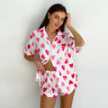 Designer Pajamas Silk Satin Set for Women Summer Heart Short Sleeve Button Shirt Set Sleepwear Soft Breathable Homewear
