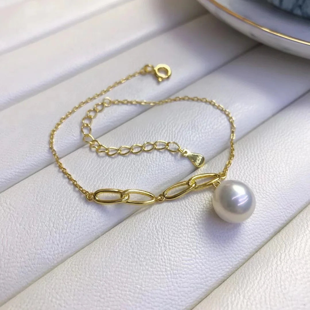 B403 8-9mm 925 Sterling Silver Gold Plated Wholesale Freshwater Pearl Charm Bracelet  Bangle Fancy Jewelry for Women