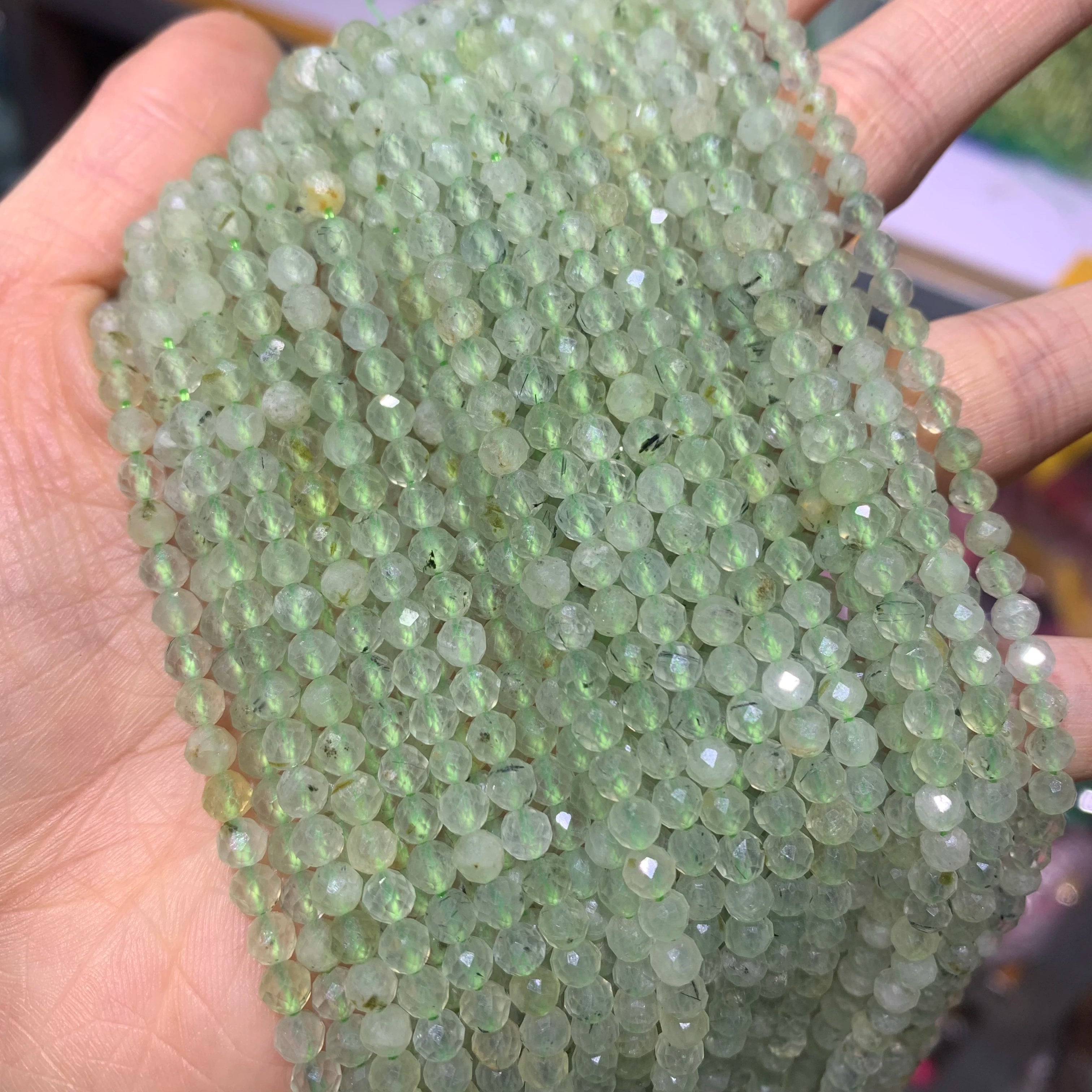 Natural Faceted Prehnite Stone 2mm 3mm 4mm Faceted Cutting Prehnite Loose Round Beads for Jewelry Making