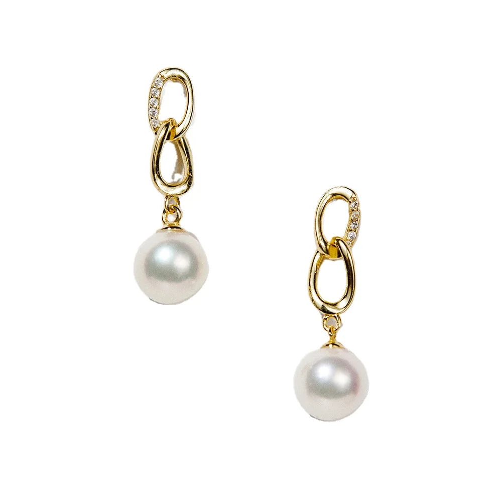 Premium 925 Sterling Silver 8mm White Pearl Drop Earrings - Chain Link Style silver jewelry earring jewelry jewelry set Anniv