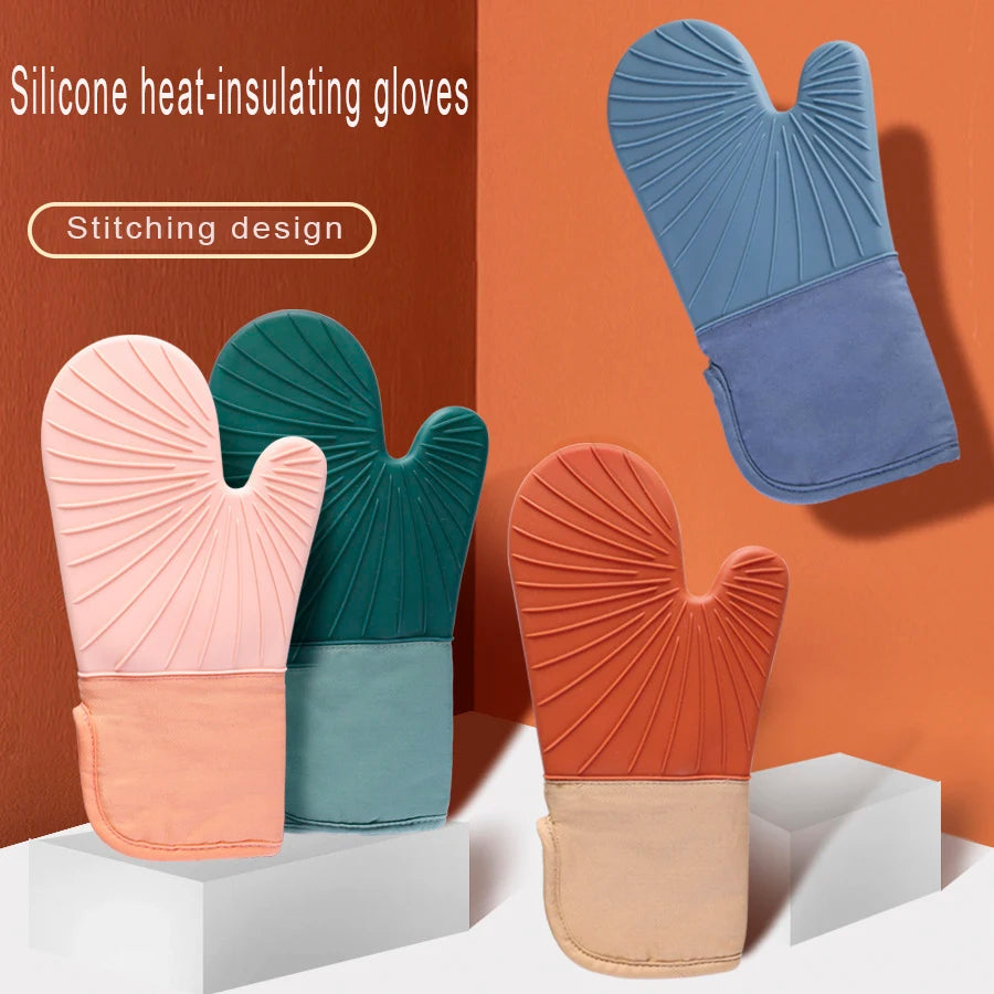 Silicone Oven Mitts with Thicker Quilted Lining Non-Slip and Waterproof Gloves for Baking Cooking Grilling and BBQ