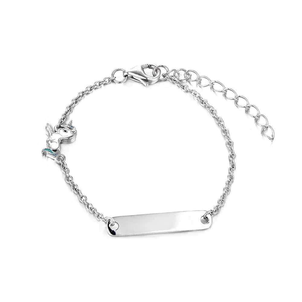 Personalized Customized Engraved Diy Custom Name Bracelet 925 Sterling Silver Enamel Unicorn Bar Bracelet for Children
