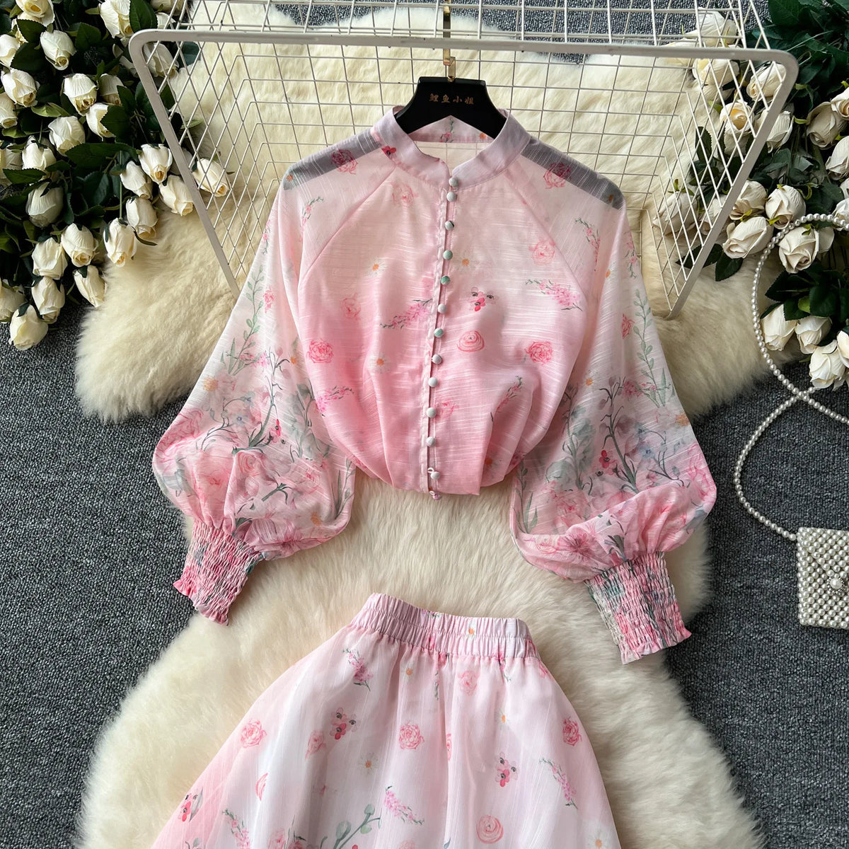 Two-Piece Stylish Casual Short Set High-Waisted Printed Fabric Gauze Skirt & Slim-Fit Top With Lantern Sleeves Logo Decoration MegaBDM