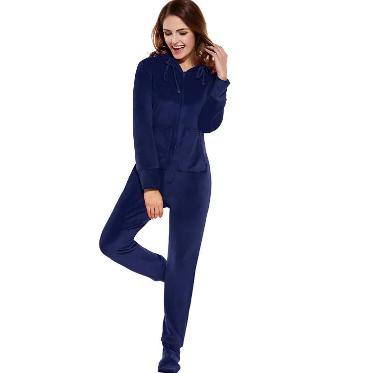Wholesale Jumpsuit Factory Price Ladies Solid Navy/ Purple Plush Pajamas Onesie Jumpsuit for Women Homewear