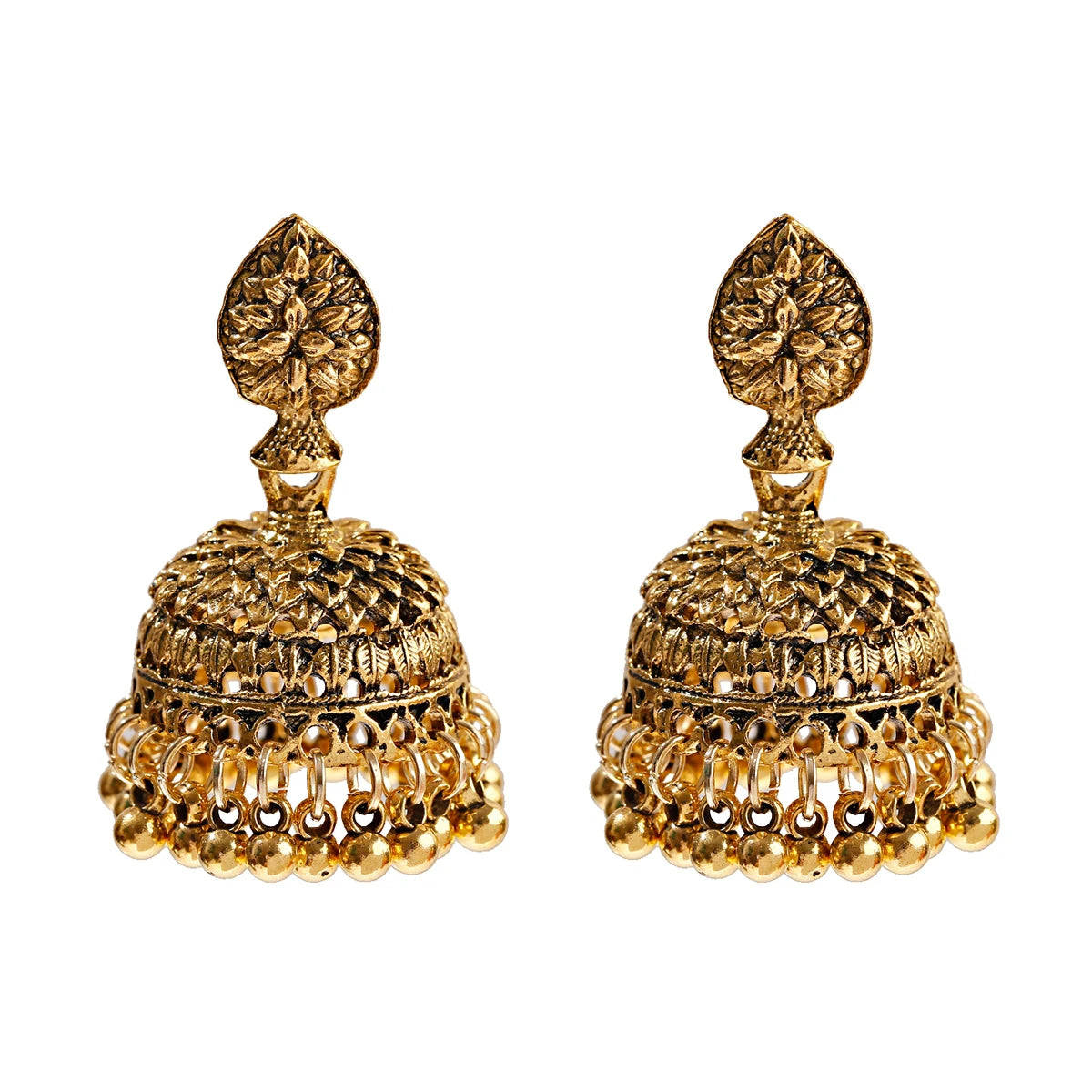 Retro Ethnic Indian Gold Plated Alloy Jhumka Earring Small Bells Beads Tassel Dangle Earrings for Women Bohemia Party Gift