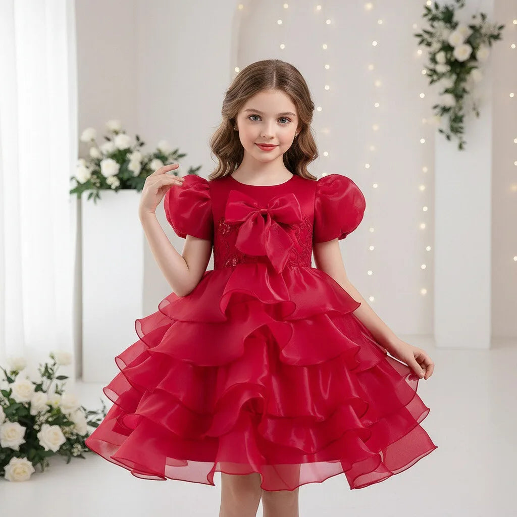 European Bubble Sleeved Princess Dresses for Girls of 10 Year Old Children Party Dress White Flower Girl Wedding Dress