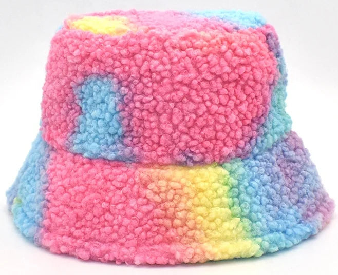 Women Girls Tie Dye Faux Fur Warm Bucket Hat Fuzzy Dreaming Unicorn Color Rainbow Winter Fisherman Cap