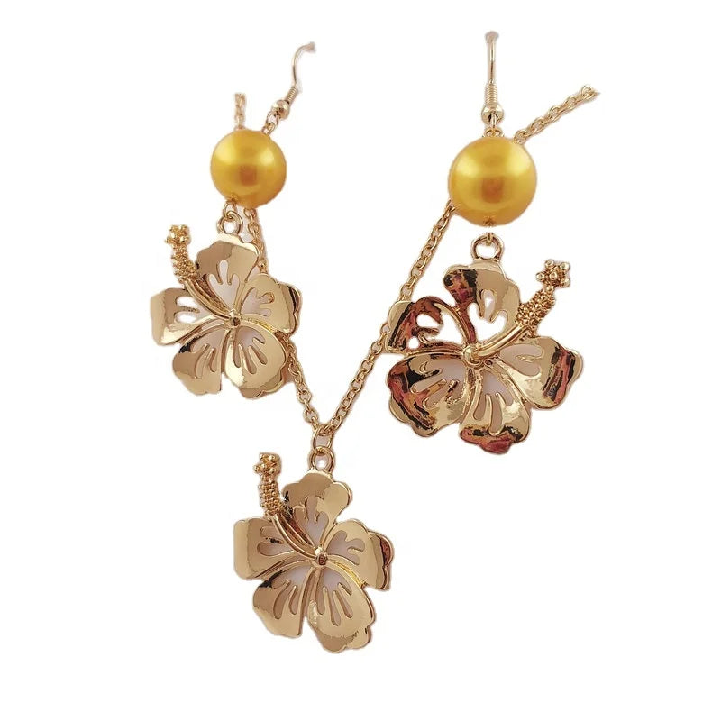 Hibiscus Pearl Earring Set Hawaiian Jewelry Set Wholesale 14k Gold Filled Plated Samoan Tropical Floral Necklace Woman Girl