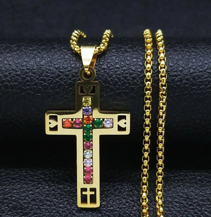 Caicai Cross Necklace with Zircons Stainless Steel Gold Silver Necklace Waterproof Jewelry