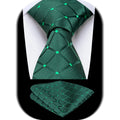 Popular 8cm Green Ties for Men Polyester Navy Blue Necktie Checked Tie and Pocket Square Set