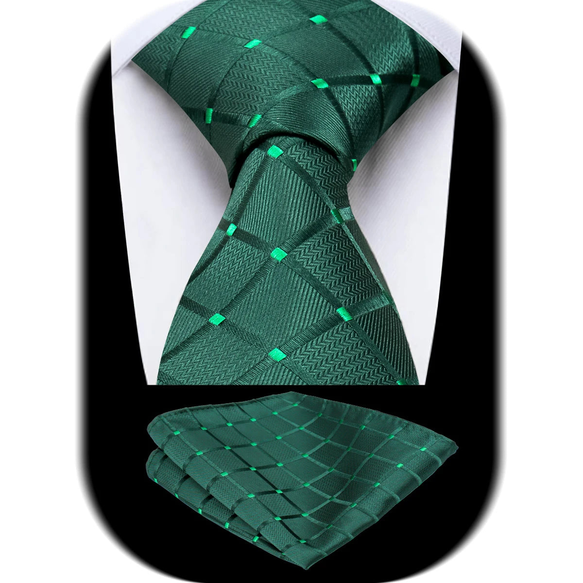 Popular 8cm Green Ties for Men Polyester Navy Blue Necktie Checked Tie and Pocket Square Set