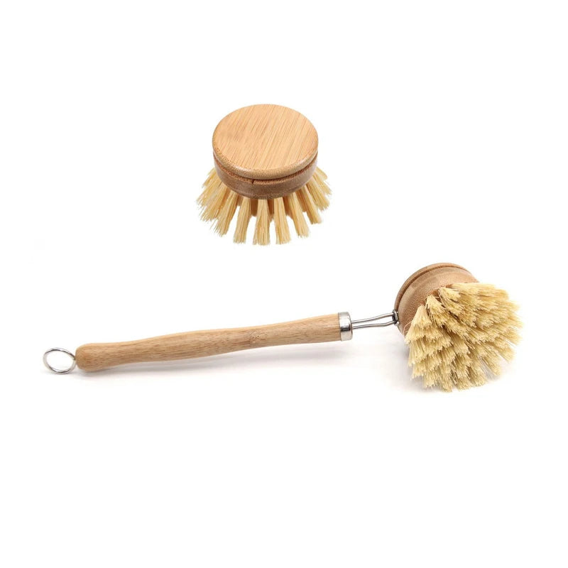 Dish Brush Bamboo Natural Bristle Fiber Washing up Brushes with Replacement Kitchen Brush Heads for Pot Pan Bowl