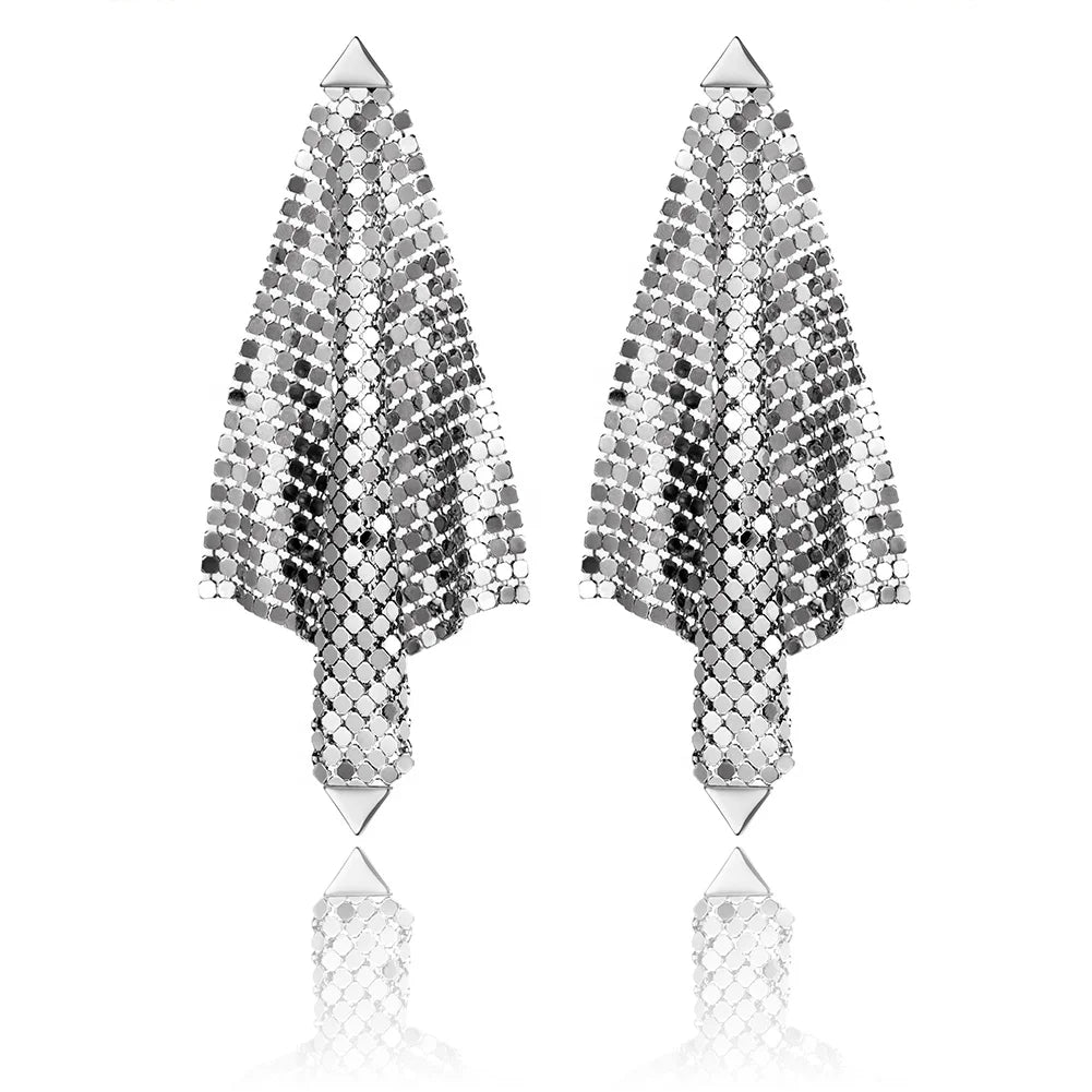 Large Luxury Dangle Earrings for Women Shiny Silver Plated Mesh Grid Sequins Metallic Disco Earrings for Prom Party Dress up Jew