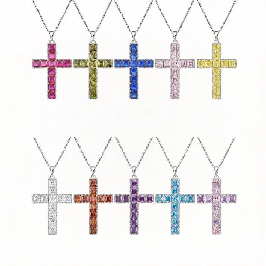 YILUN Colorful CZ Gemstone Cross Pendant Necklace Rhodium Plated 925 Sterling Silver Religious Jewelry Zirconia Cross Necklace
