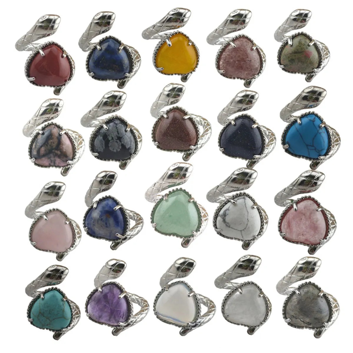 Adjustable Silver Plated Snake Wrap Ring Natural Heart Cabochon Stone Ring Animal Serpent Open Band Chakra Gemstone Jewelry Gift