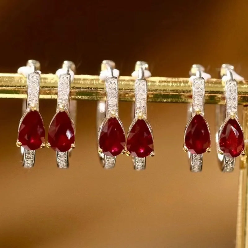 Aimgal Trendy AU750 18K Gold Hoop Earrings 0.45ct Natural Vivid Red Ruby 0.07ct Diamond Fine Jewelry for Weddings Anniversaries