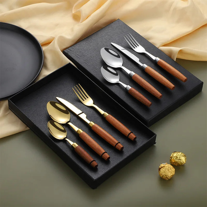 18/8 Stainless Steel Creative Wooden Handle Cutlery Set Gift Box Restaurant Knife Fork Spoon Silverware Cutlery Set