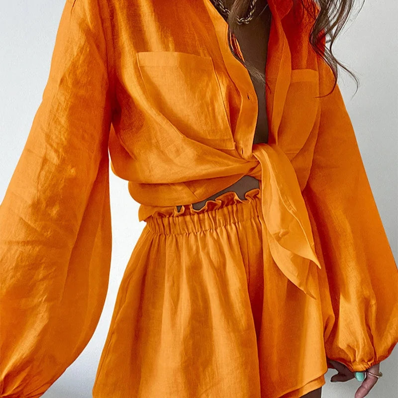 2023 Women Spring Summer Bohemian Shorts Sets Solid Loose Fit Outfits Blouse Suit 2 Two Piece Set for Women